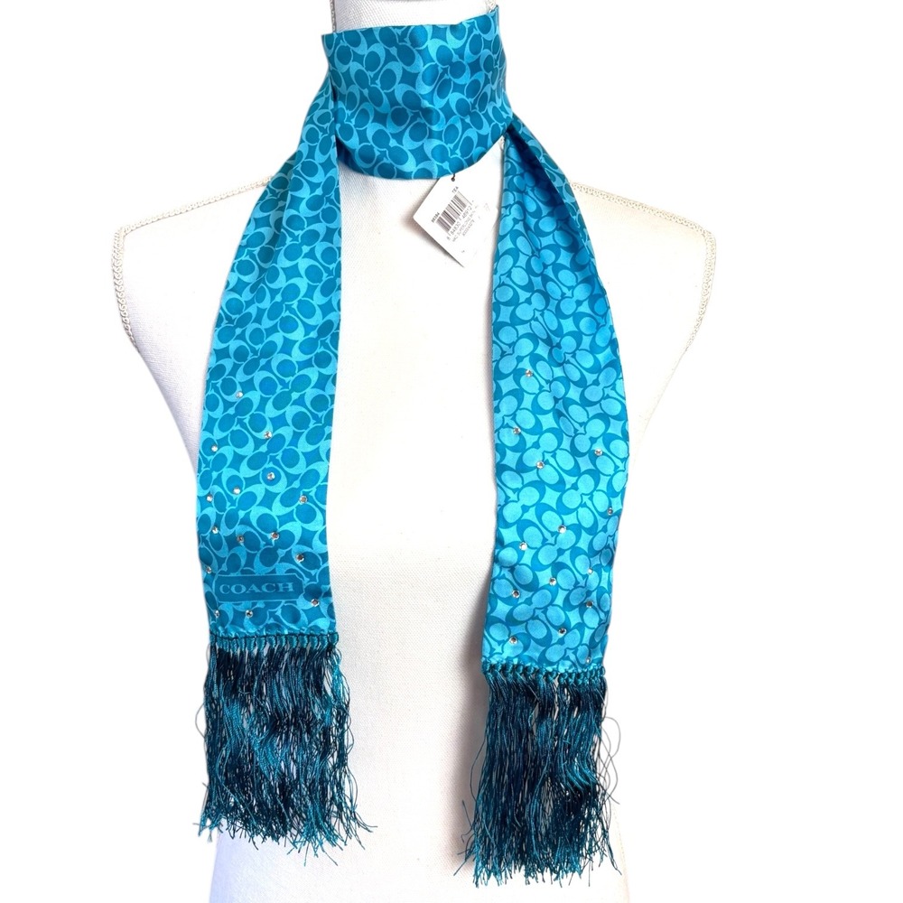 Coach Y2K NWT Silk Scarf Teal Signature Print Rhinestones Fringed - Picture 1 of 8